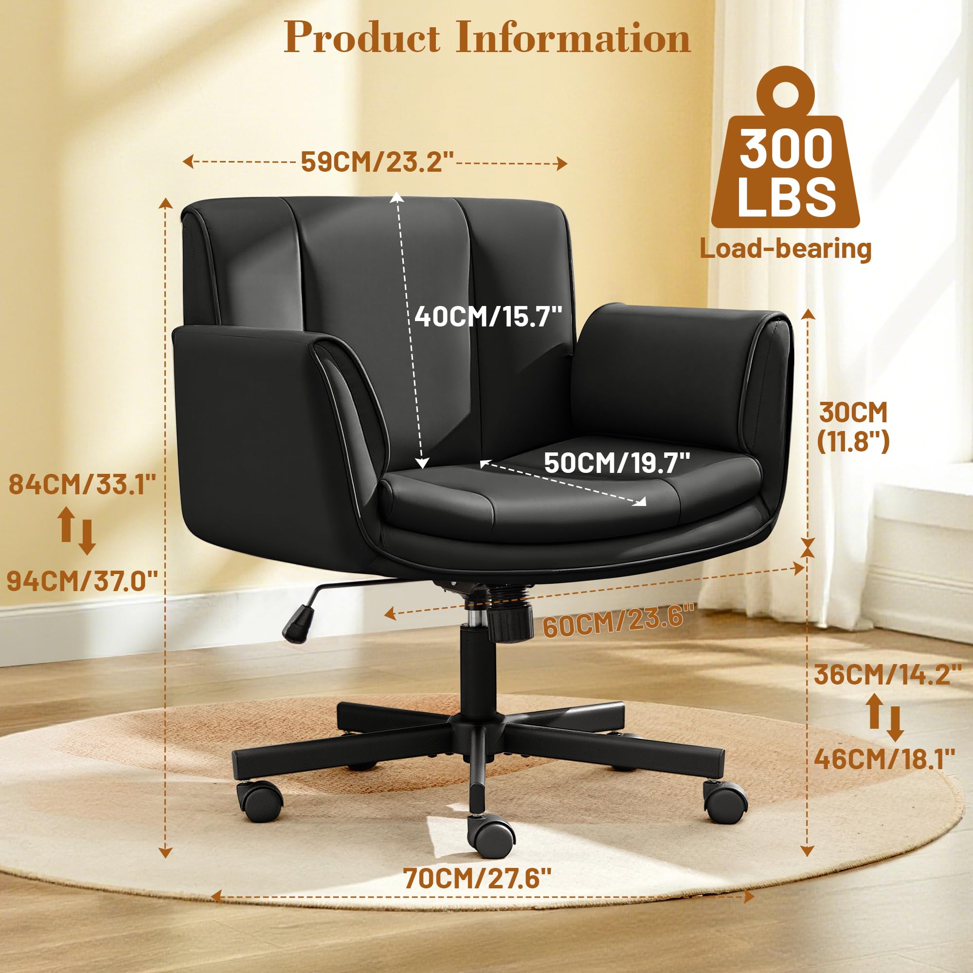 Criss Cross Chair with Wheels & Armrests,Comfy Wide Vanity Chair,Scratch-Resistant Pu Leather Cross Legged Desk Chair,Height Adjustable Computer Office Desk Chairs for Home,Makeup,Bedroom