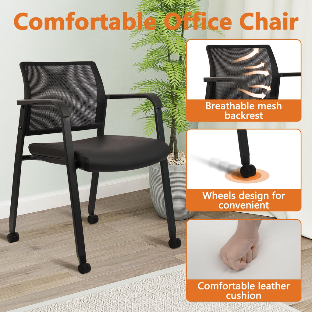Stacking Office Chair with Wheels, Mesh Back Waiting Room Guest Chairs with Arms Comfortable Leather Cushion Stackable Desk Chair for Conference Reception School Side Stationary, Black