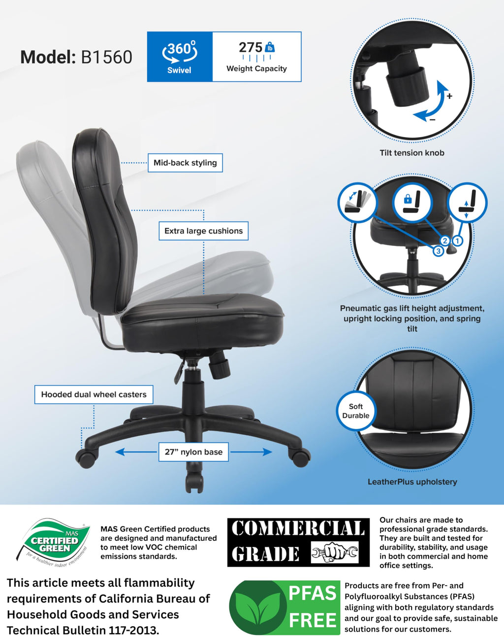 Leather Adjustable Task Chair Without Arms, Black