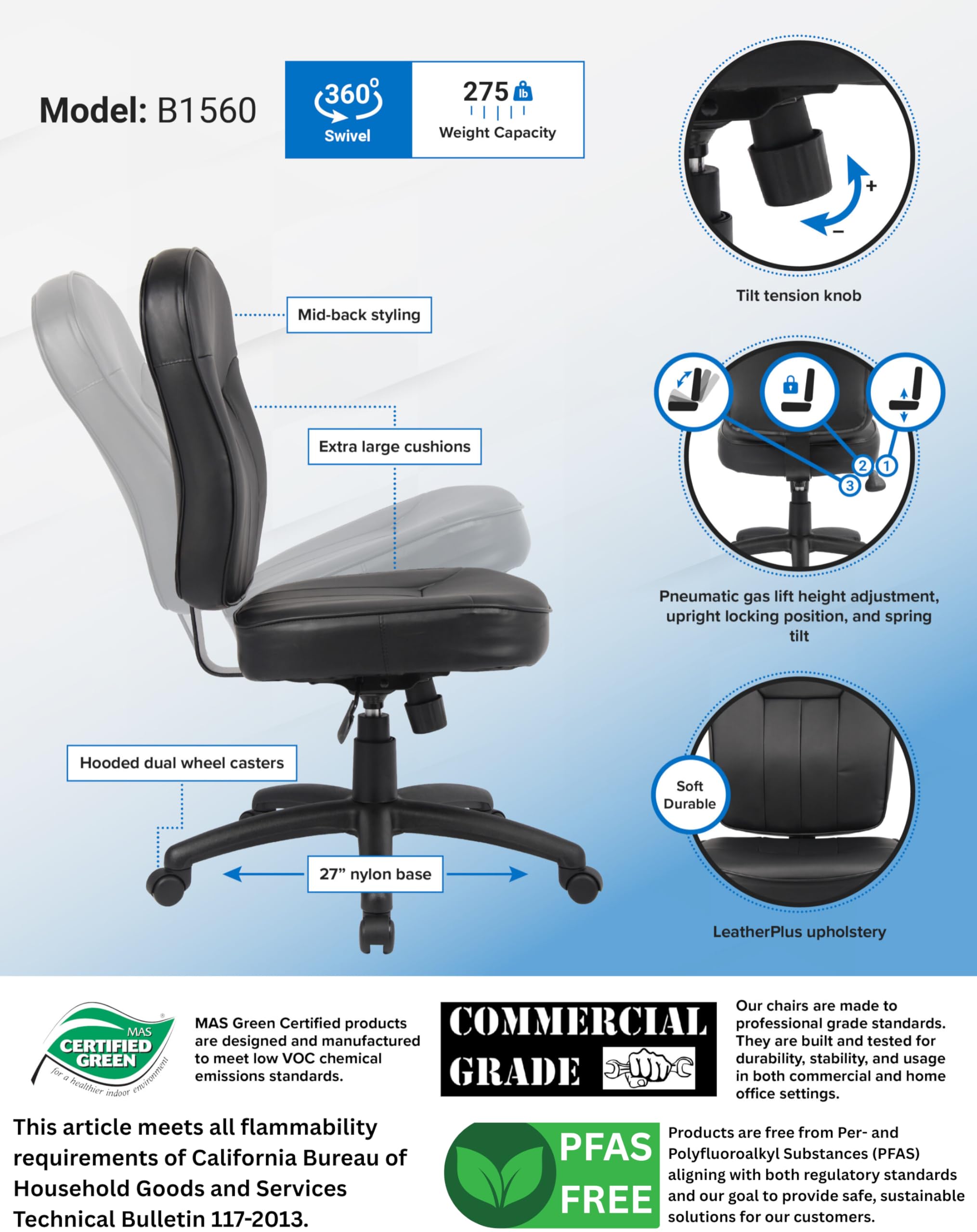 Leather Adjustable Task Chair Without Arms, Black