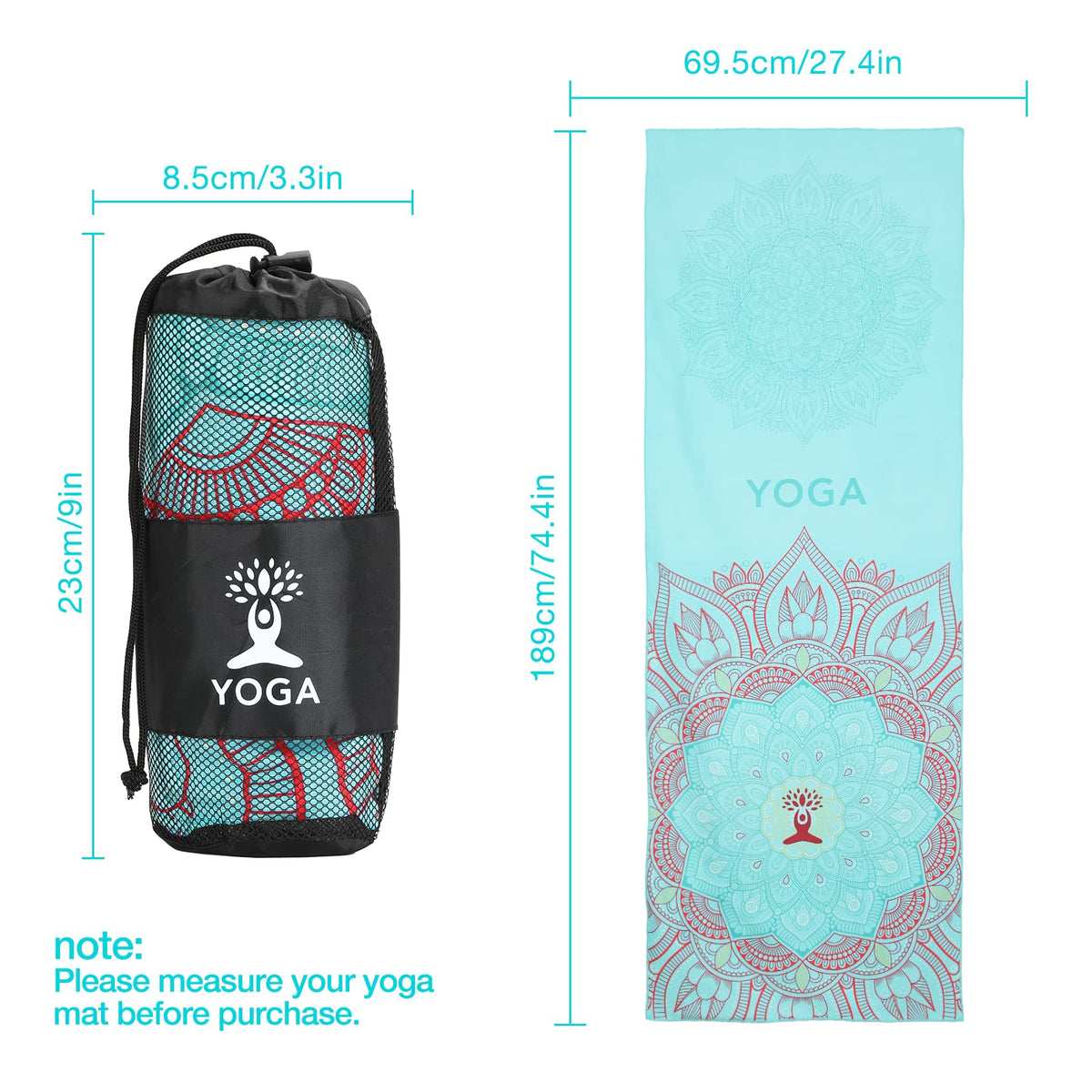 Yoga Towel, Non-Slip Hot Yoga Mat, 74.4 x 27.4 in