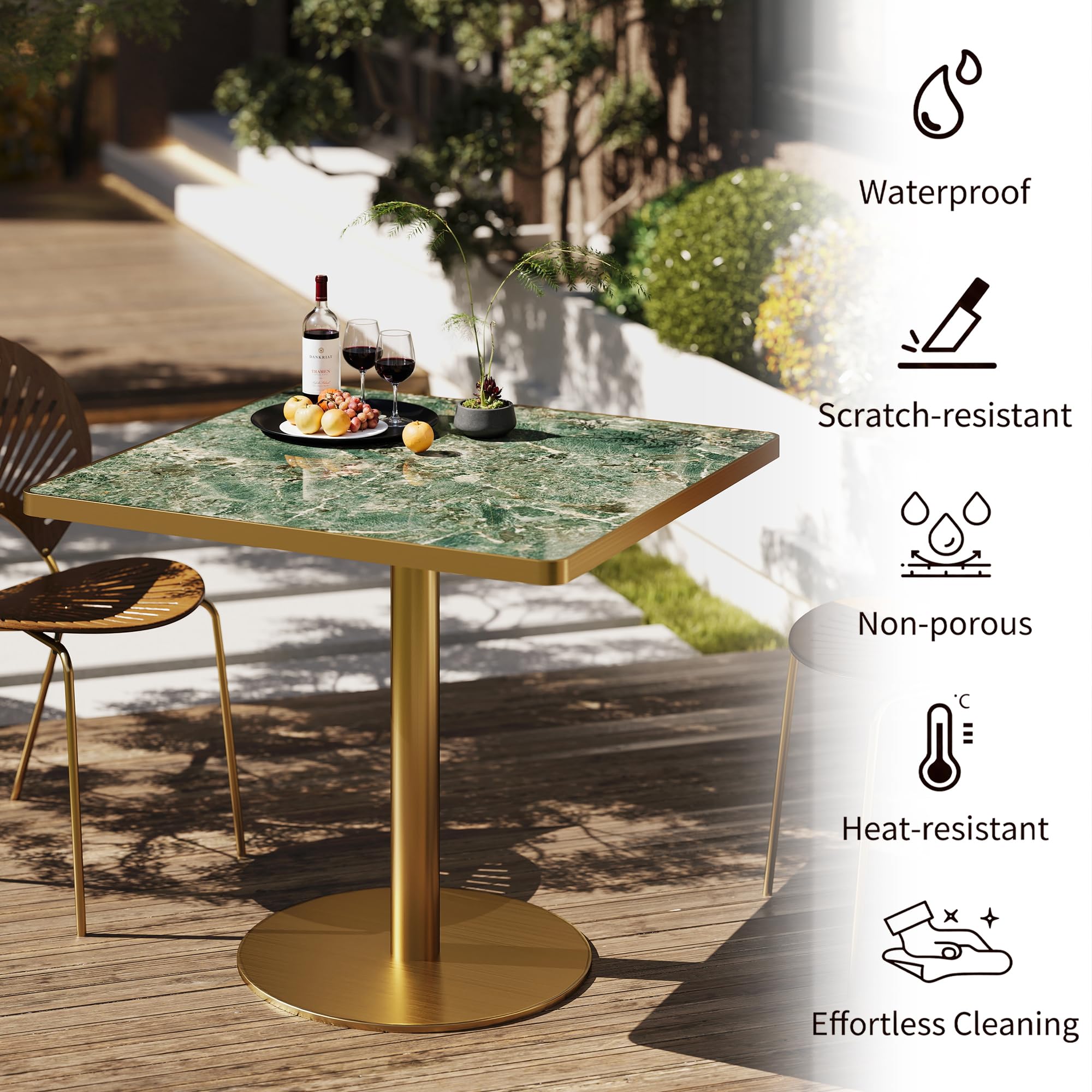 hausway 31.5" Tulip Table,Square Kitchen Dining Table for 2-4 with Thick Sintered Stone Top,Titanium Golden Pedestal Base,Heat-Resistant,Bistro Table for Dining Room,Café,Small Space（Emerald Essence）