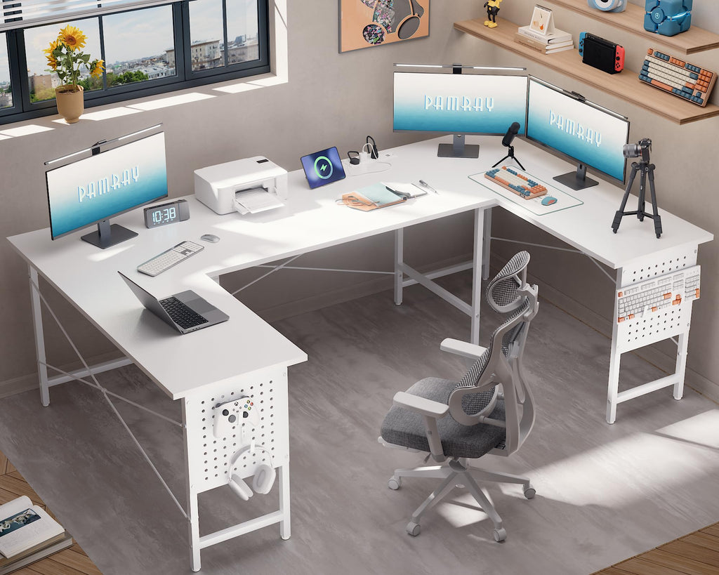 71 Inch Large Computer Desk with Power Outlets,U Shaped Corner Desk for Home Office Work and Gaming White