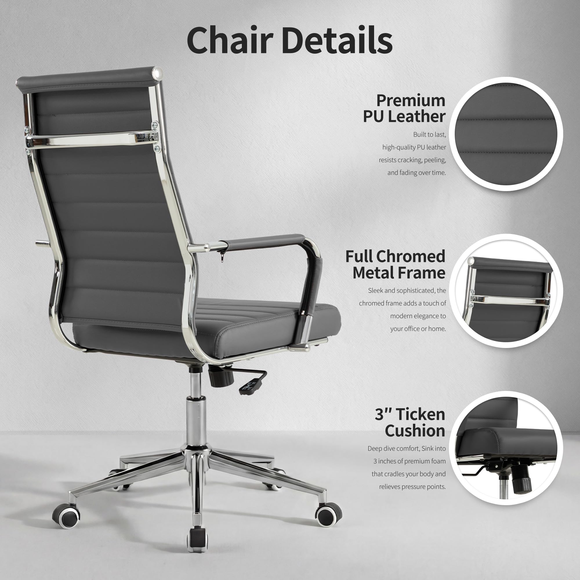 Grey Office Desk Chair, Ergonomic Leather Modern Conference Room Chairs, Executive Ribbed Height Adjustable Swivel Rolling Chair for Home Office.