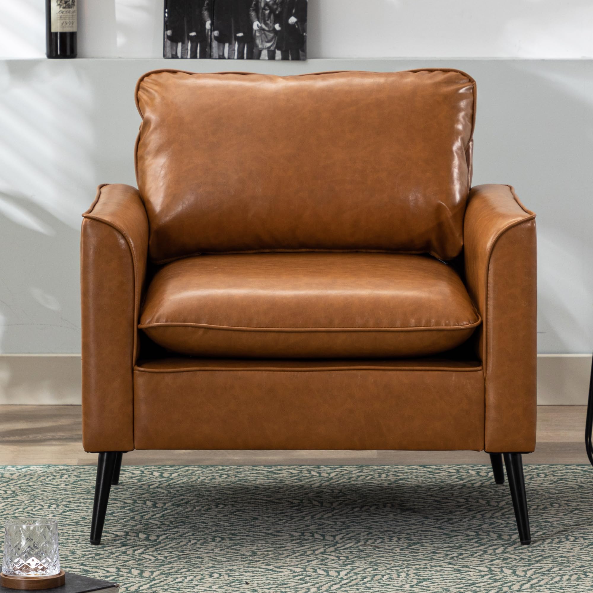 Modern Leather Chair Set of 2, Oversized Armchair for Living Room, Mid-Century Accent Reading Chair for Bedroom Comfy, Upholstered Single Sofa for Waiting Room.