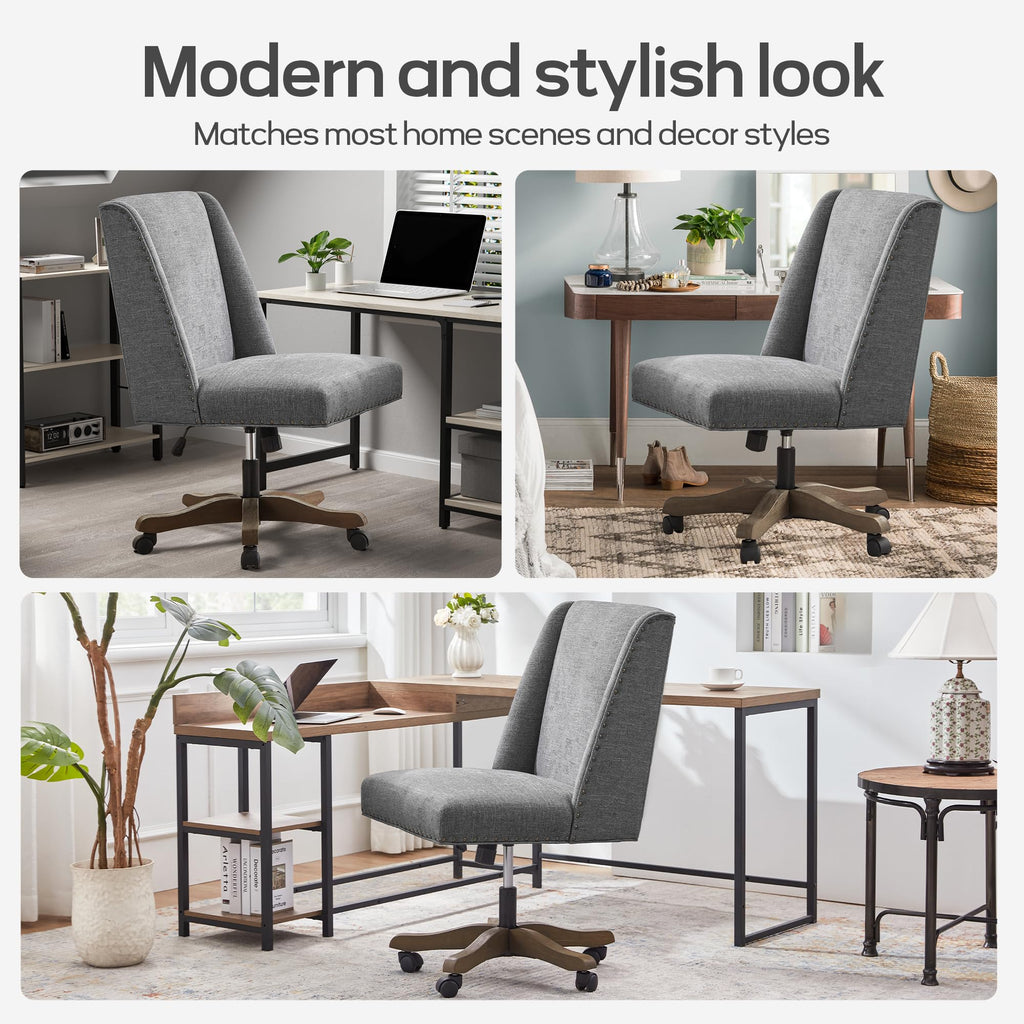 Upholstered Armless Home Office Chair with Wooden Legs, Modern Office Desk Chair No Arms Sewing Chair Adjustable Swivel Desk Chair for Farmhouse Office Study Studio (Dark Gray)