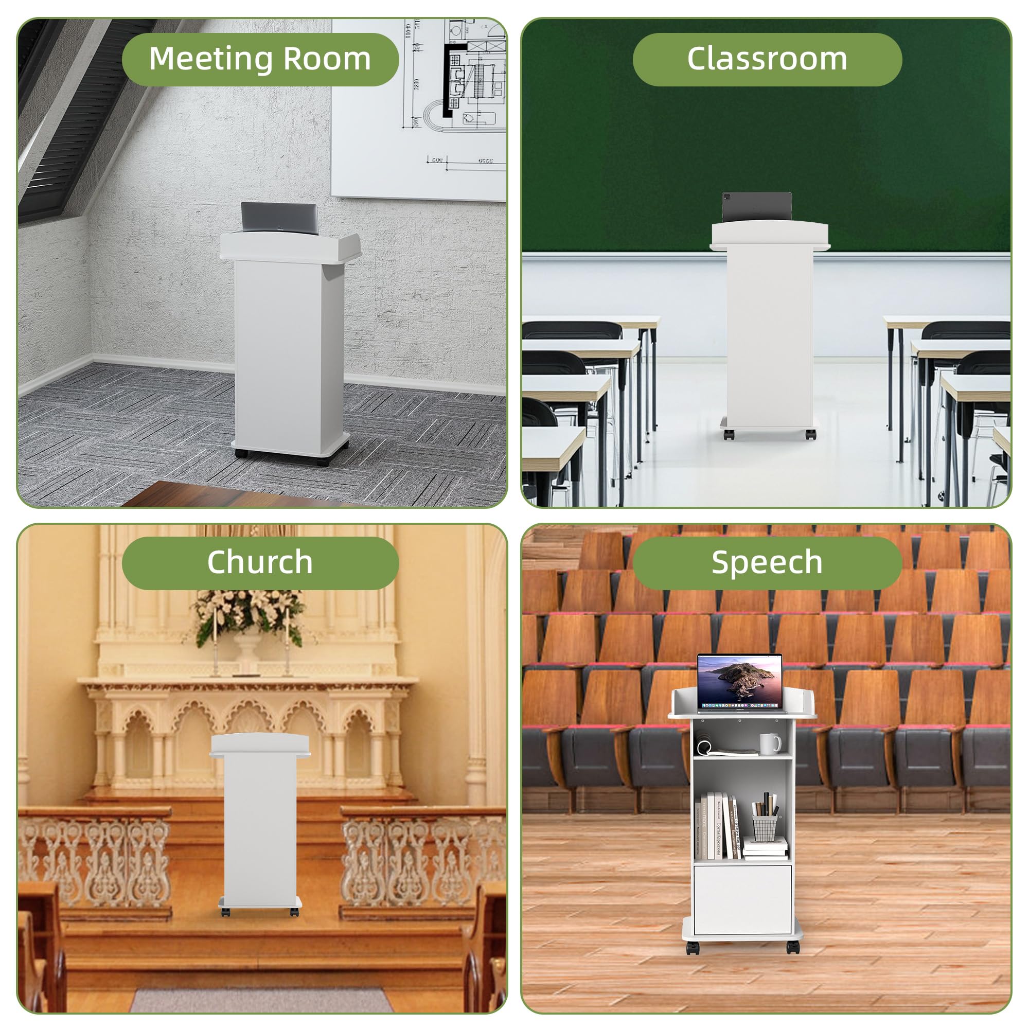 Podium Stand with Wheels Wooden Lectern Podium Stand Portable Pulpit Standing with Storage Mobile Reception Podiums Desk for Church Office School Conference Restaurant Meeting, White