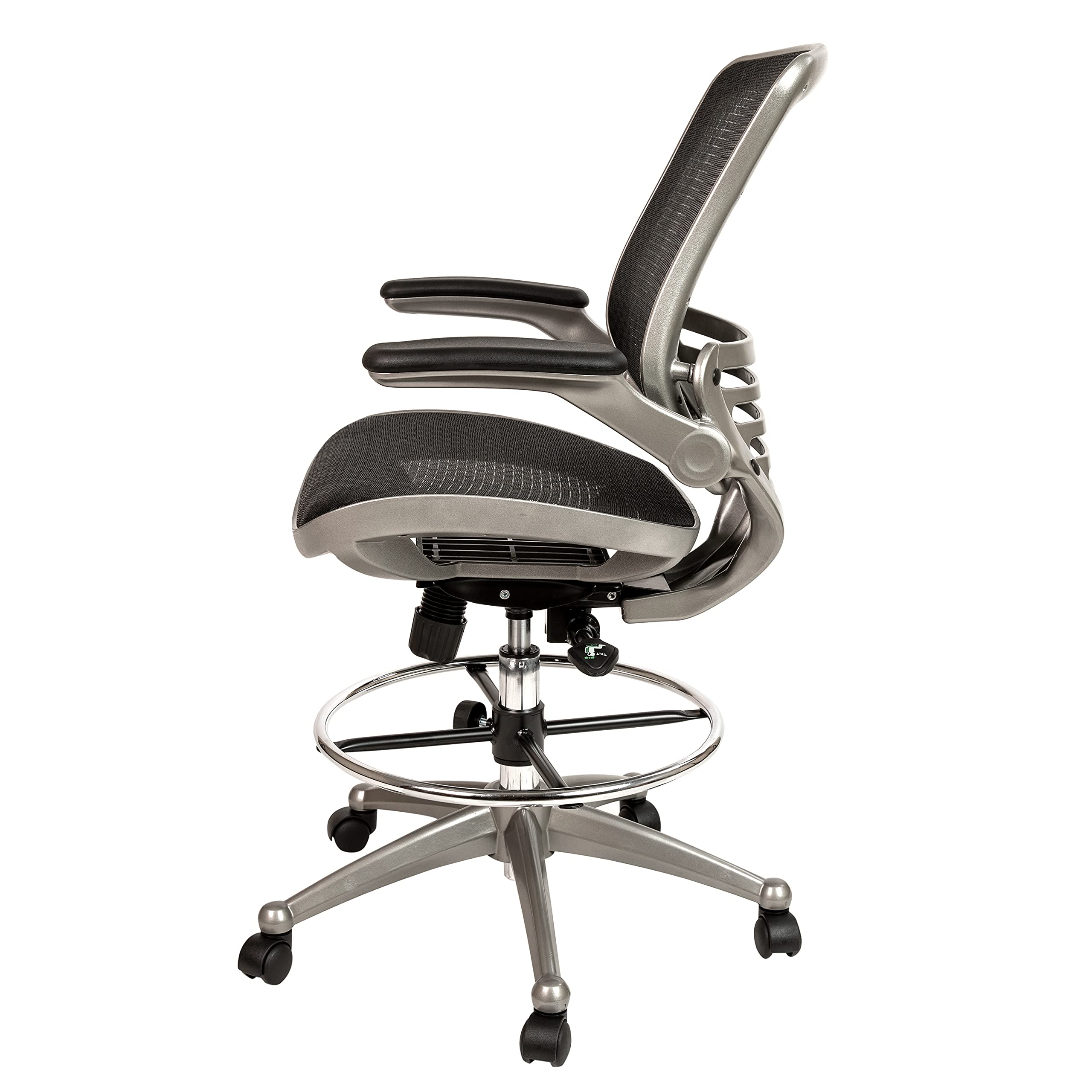 Mid-Back Swivel Office Chair with Adjustable Foot Ring and Seat Height, Ergonomic Mesh Chair with Armrests, Black/Silver