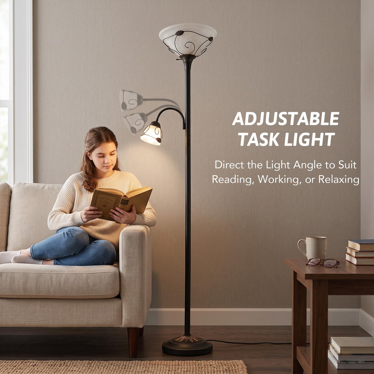 Torchiere Floor Lamp with Side Reading Light, 3-Way Switch Combo Antique Bronze Mother Daughter Floor Lamp with Glass Shade, 71" Desk Floor Lamp for Living Room Corner Bedroom Home Office