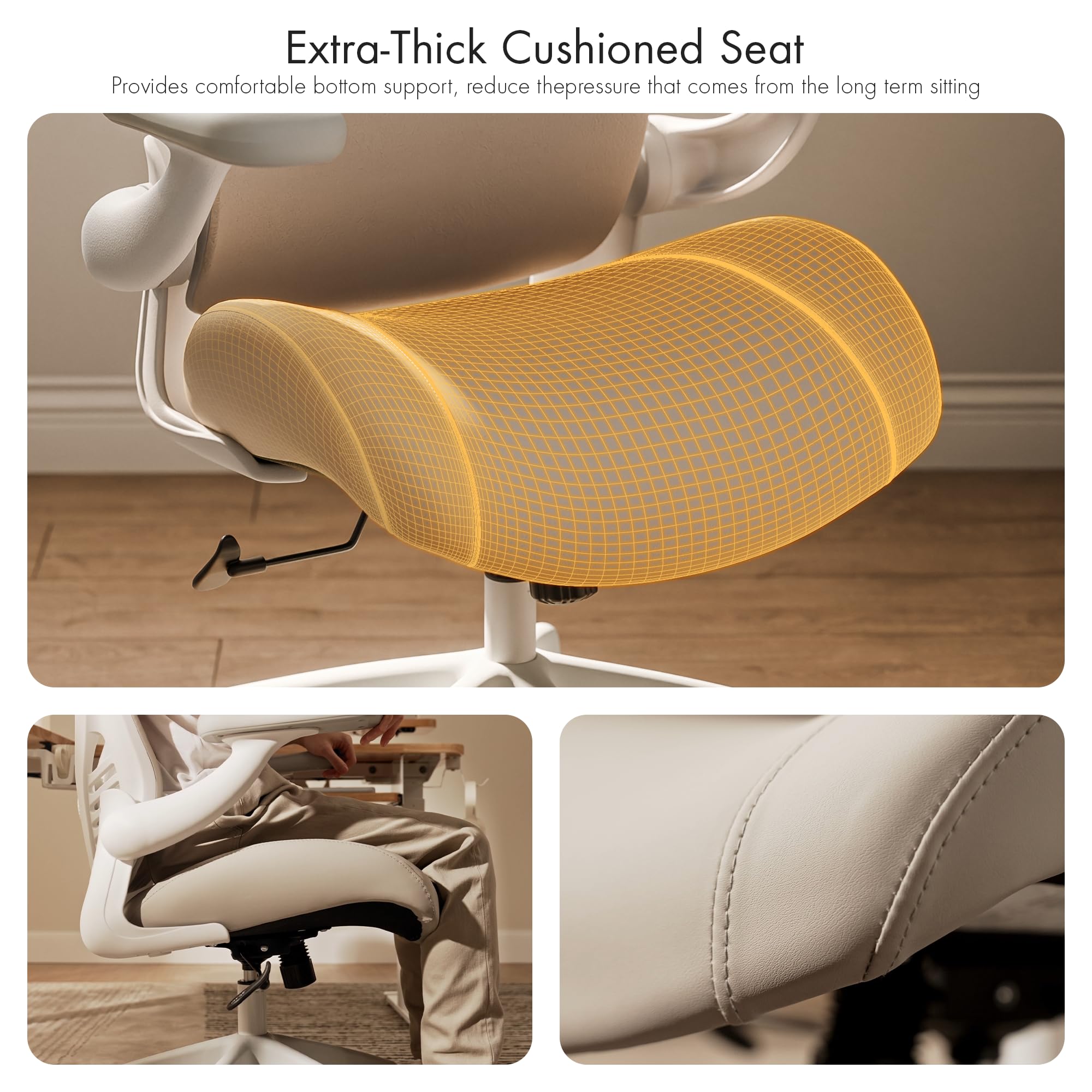 Executive Office Chair, Thick Padded PU Leather Desk Chair with Adjustable Lumbar Support and 3D Armrests, Easy-Clean for Home Office and Study Room(Pack of 1, Pale Gray)
