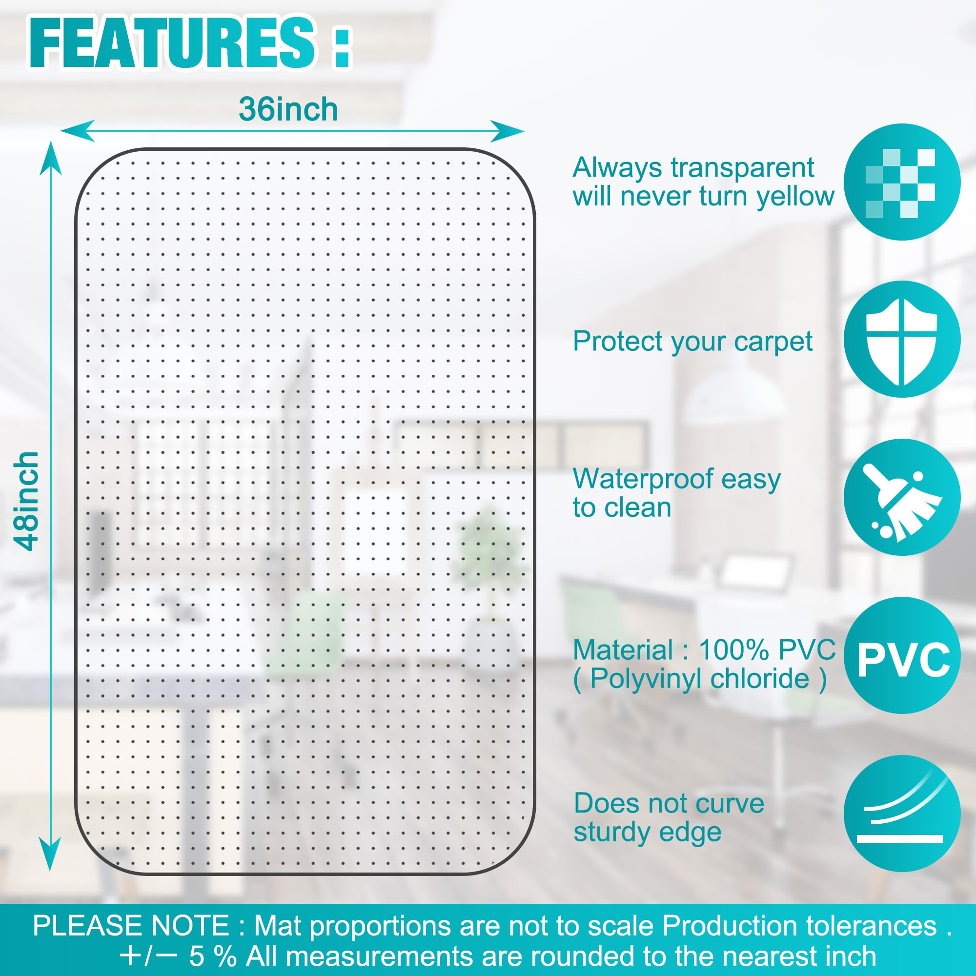 Office Chair Mat for Carpets, 48"x 36" Heavy Duty Clear Plastic Floor Protector, Non-Slip Computer Desk Chair Mat for Low Pile Carpeted Floors, Smooth Rolling Carpet Chair Mat for Home Office