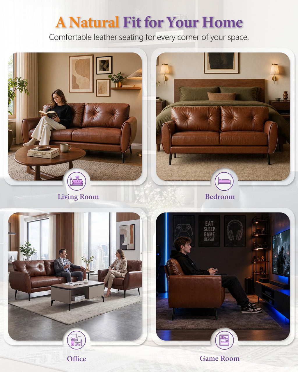 Sofa Couch 61" Small Loveseat Couches for Living Room Chestnut Brown Leather Couch Mid Century Modern Tufted Mini Sofa Comfy Office 2 Seat Settee Love Seat for Small Spaces Bedroom