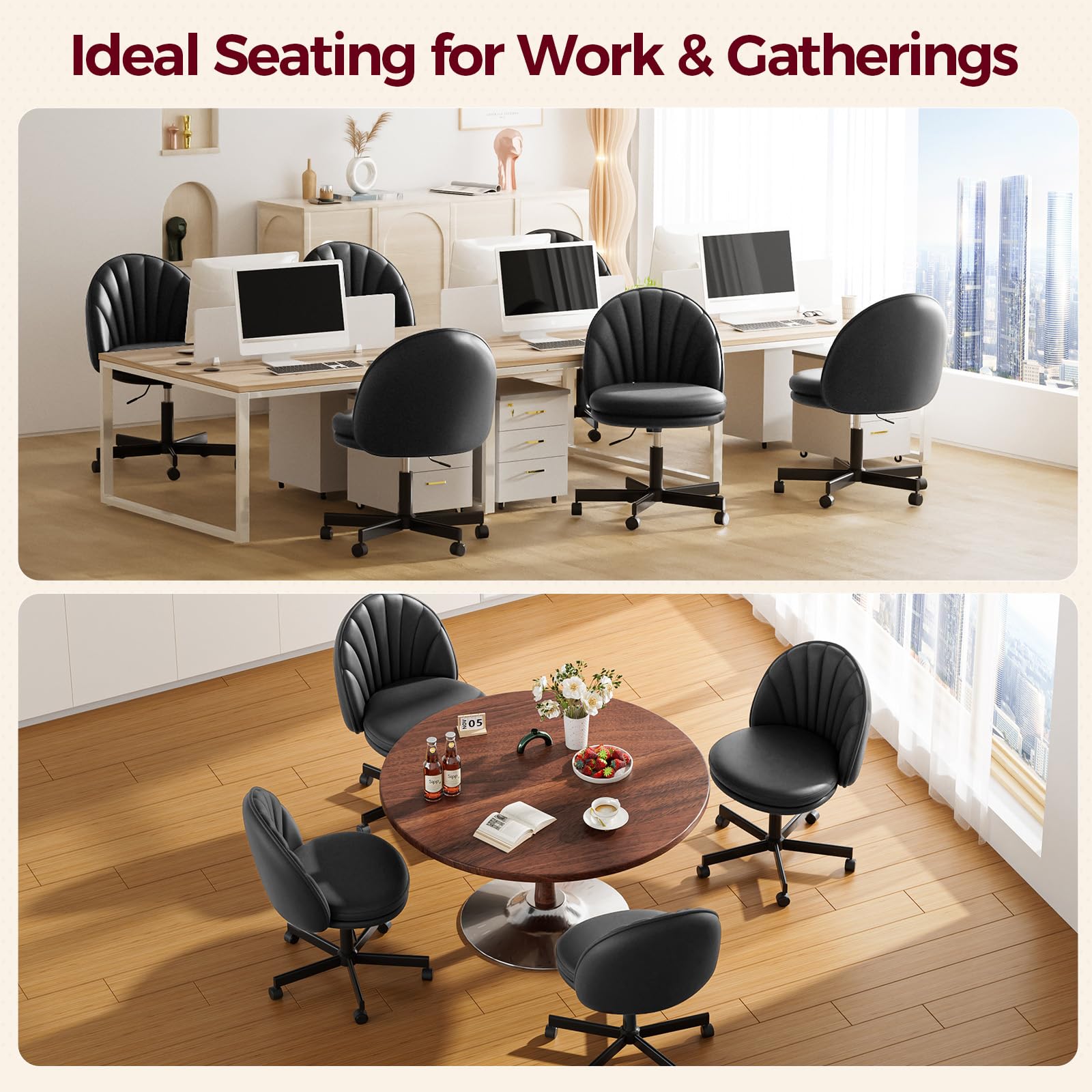 Small Ergonomic Tall Office Chair, Computer Desk Chair with Wheels Versatile Height Use: Office to Bar Stools (or Standing Desk), Vanity Chair with Back PU Leather Shell Design for Gift