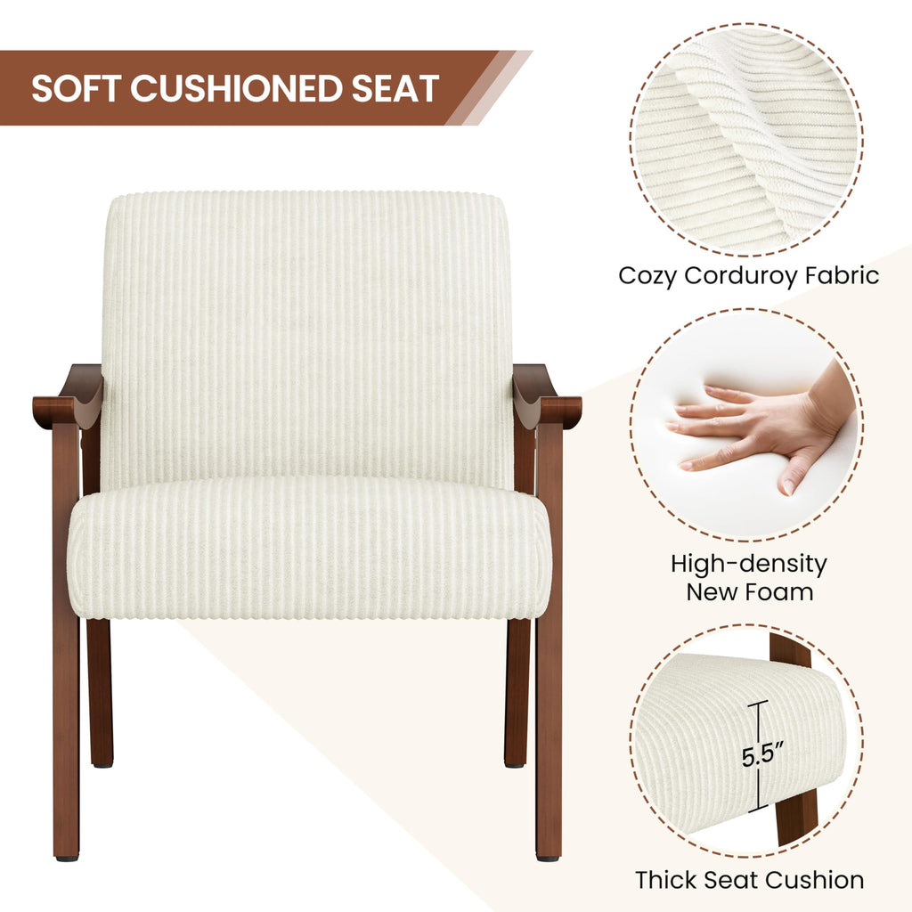 Corduroy Accent Chair, Mid-Century Modern Armchair with Solid Wood Legs, Reading Leisure Chair with High Back for Living Room Bedroom Waiting Room Beige