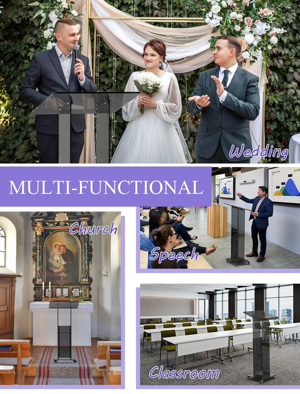 Acrylic Podium Stand with Lockable Wheels, 47" Black Podium Lectern Floor Standing Speaking Podium Modern Church Pulpit with Storage Shelf for Office Wedding School Speech Concert