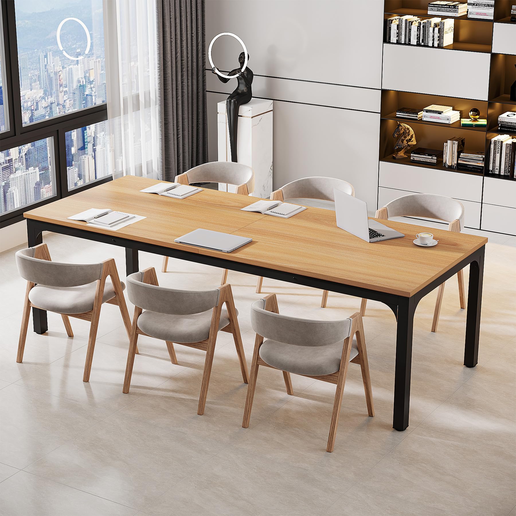 6.5 FT Conference Room Table, 78.74" W x 27.56" D Large Office Conference Table, Modern Seminar Meeting Table Desk for Boardroom, Meeting Room (1, Natural)