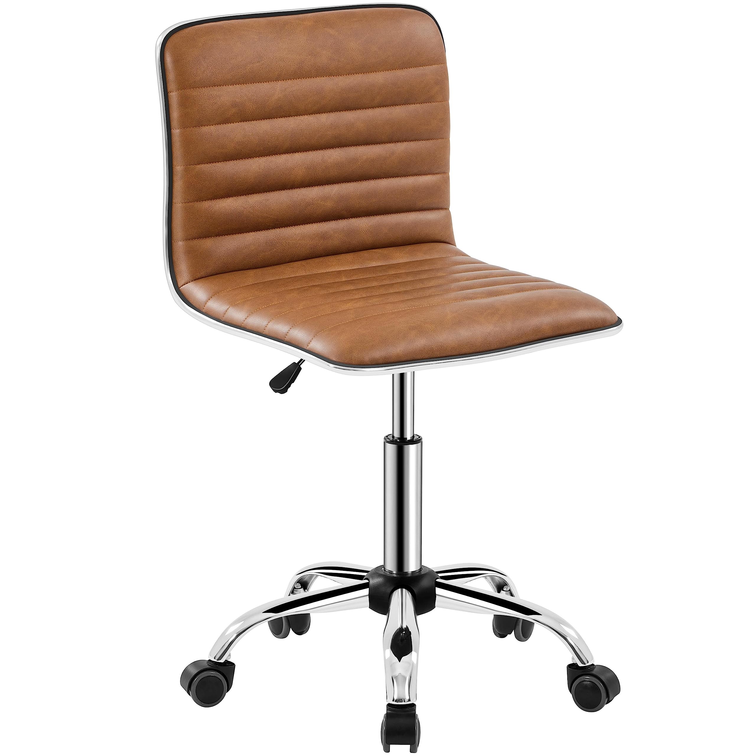 Low Back PU Leather Ribbed Armless Office Chair, Ergonomic Swivel Computer Task Chair with Wheels for Office, Home
