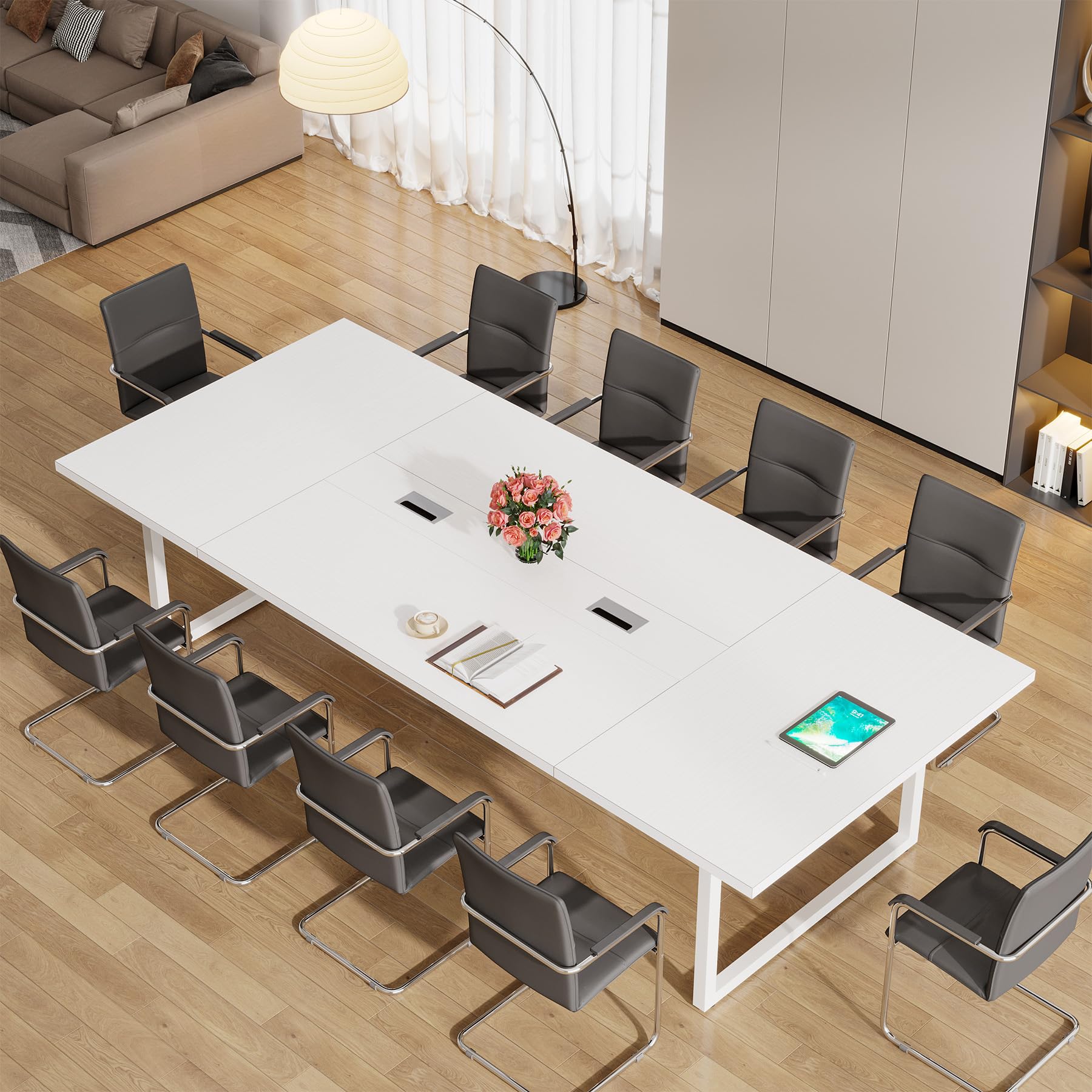 8FT Conference Table, 94.49 L x 47.24 W x 29.53 H Inches Large Meeting Podcast Table for 10 People, Business Style Wooden Training Table with Strong Metal Frame for Office Conference