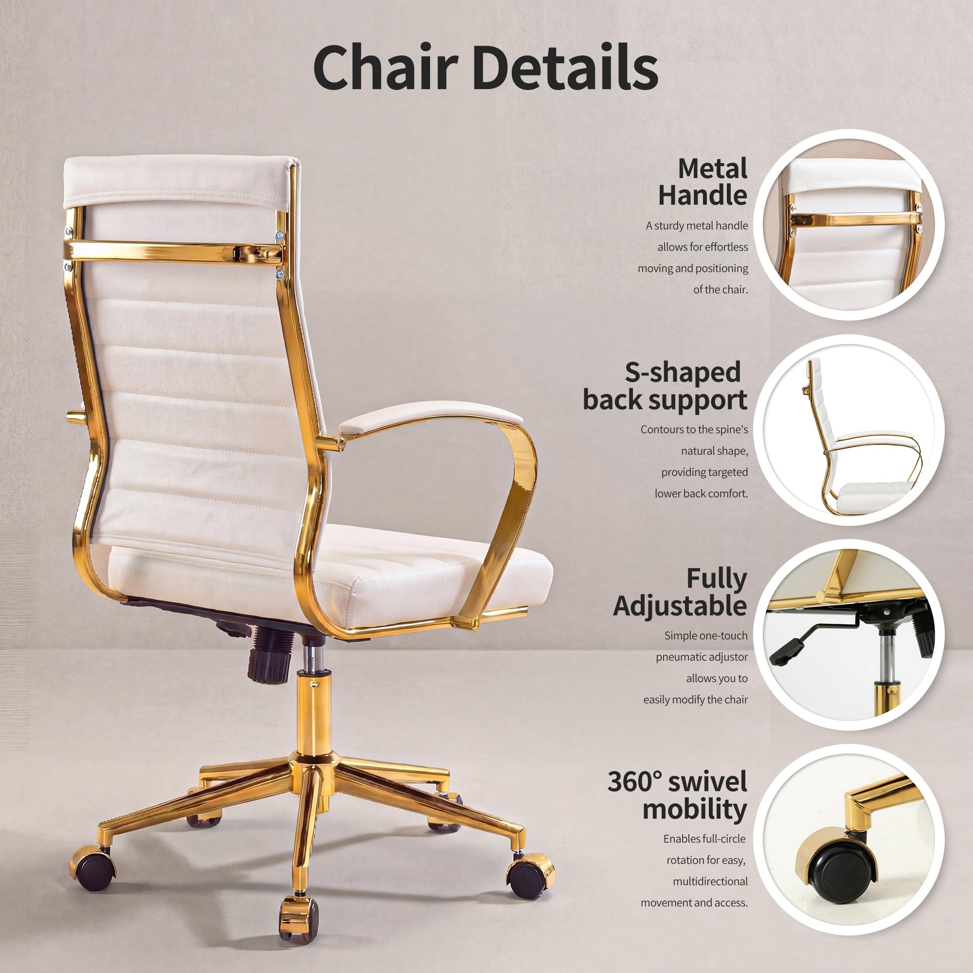Gold Office Desk Chair, Ergonomic Leather Modern Conference Room Chairs, Executive Ribbed Height Adjustable Swivel Rolling Golden Chair for Home Office.