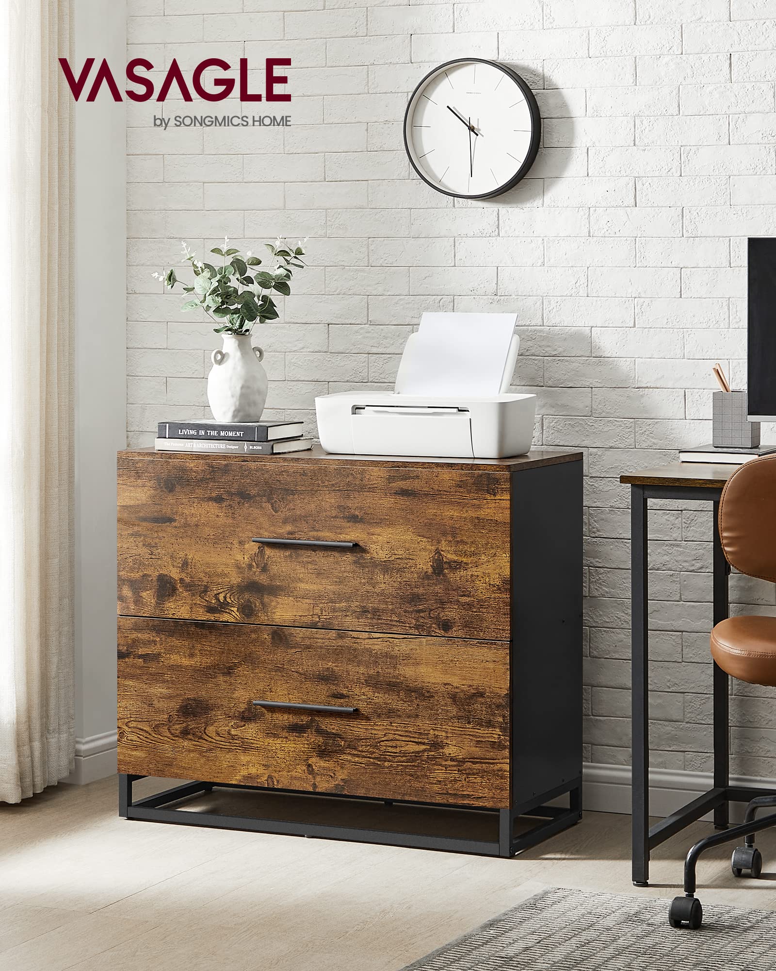 File Cabinet, Home Office Printer Stand, 2-Drawer Filing Cabinet, with Anti-tip Interlocking Mechanism, for A4, Letter-Size, Legal-Size Hanging Files, Rustic Brown and Ink Black