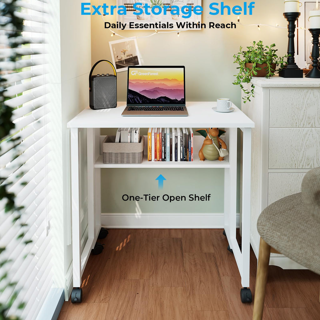 Folding Desk with Wheels, 31.5 Inch Compact Rolling Computer Table with Storage Shelf, Portable Mobile Workstation for Small Spaces, Easy Assembly, Pure White