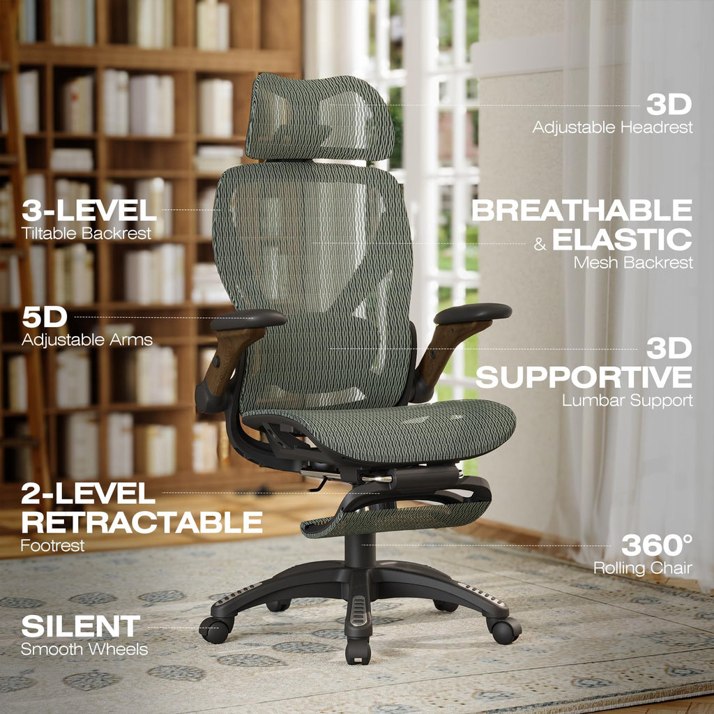 X100 Ergonomic Mesh Office Chair with Footrest, Big and Tall Hone Desk Chair with 5D Flip-Up Arms, Adjustable 3D Lumbar Support,Gaming & Executive Computer Chairs