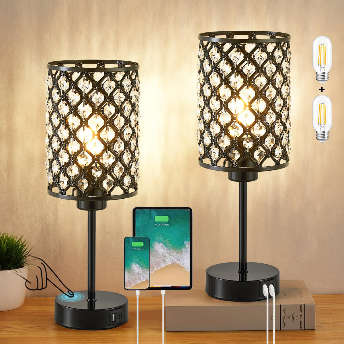 Black Crystal Bedside Table Lamps Set of 2 with USB C+A Ports
