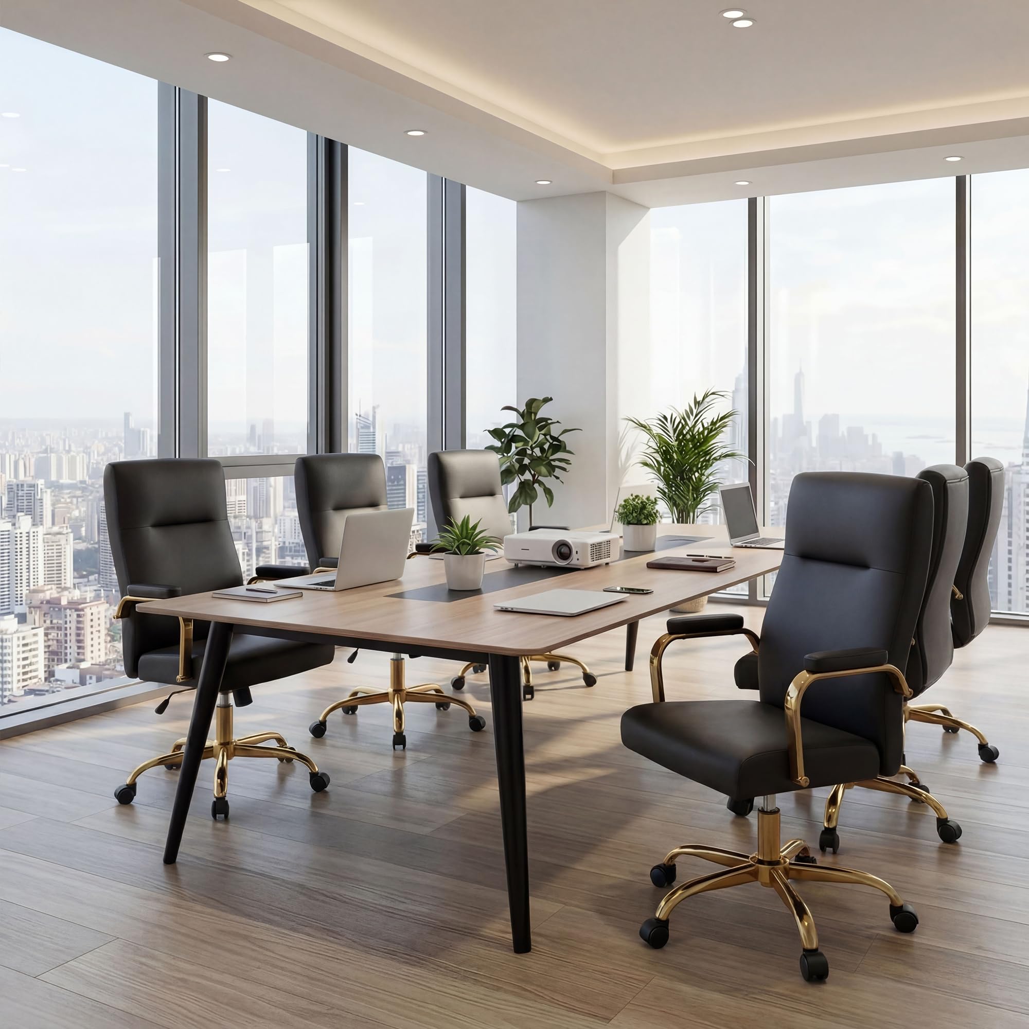 Black and Gold Office Desk Chair,Leather Conference Room Chairs with Wheels,Modern High Back Executive Office Chair with Memory Foam,Ergonomic Swivel Computer Chair for Home Office