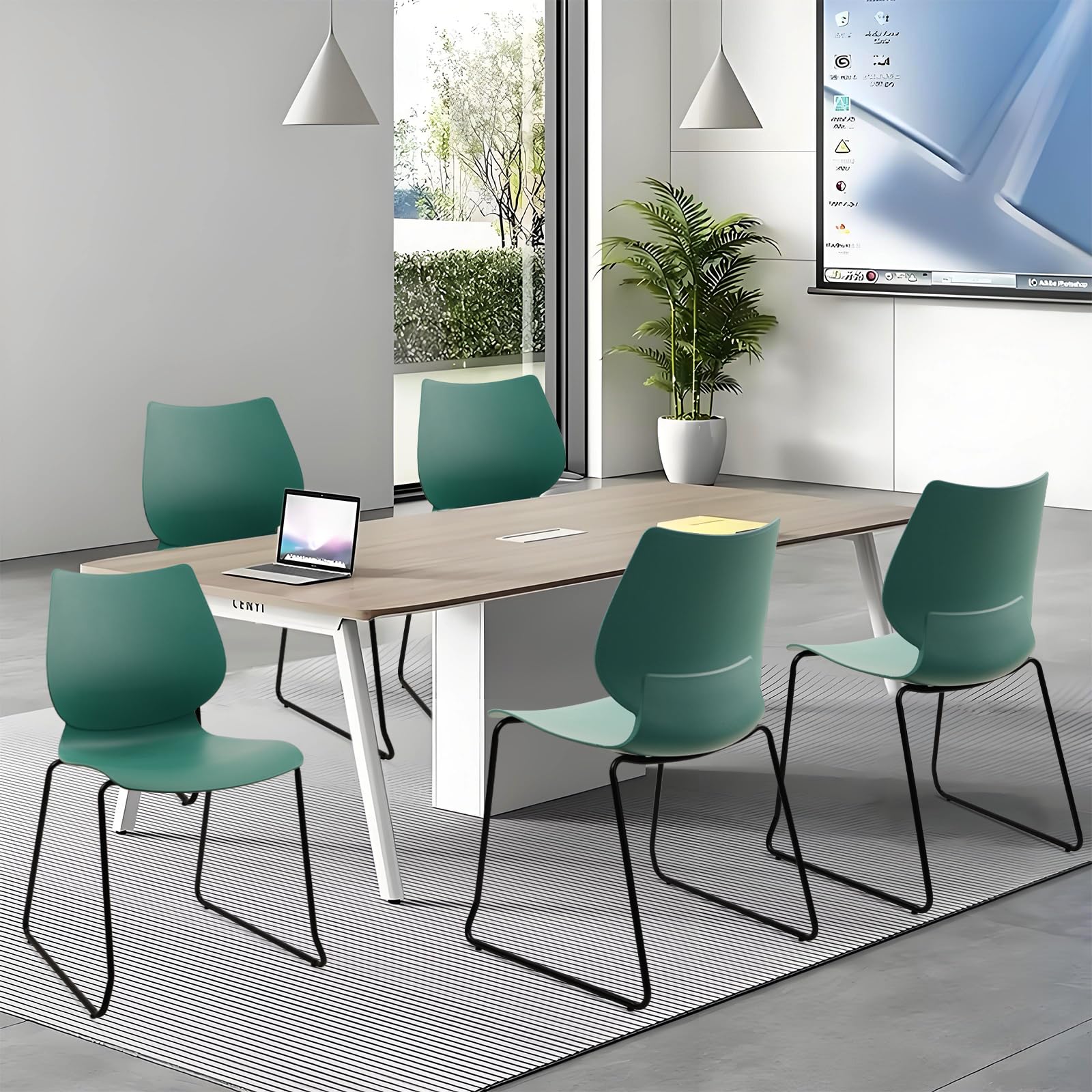 Set of 4, Stackable Waiting Room Chair, Stacking Office Chair with Ergonomic Lumbar Support and Metal Legs, Plastic Desk Chairs for Conference School Church Guest Reception, Green