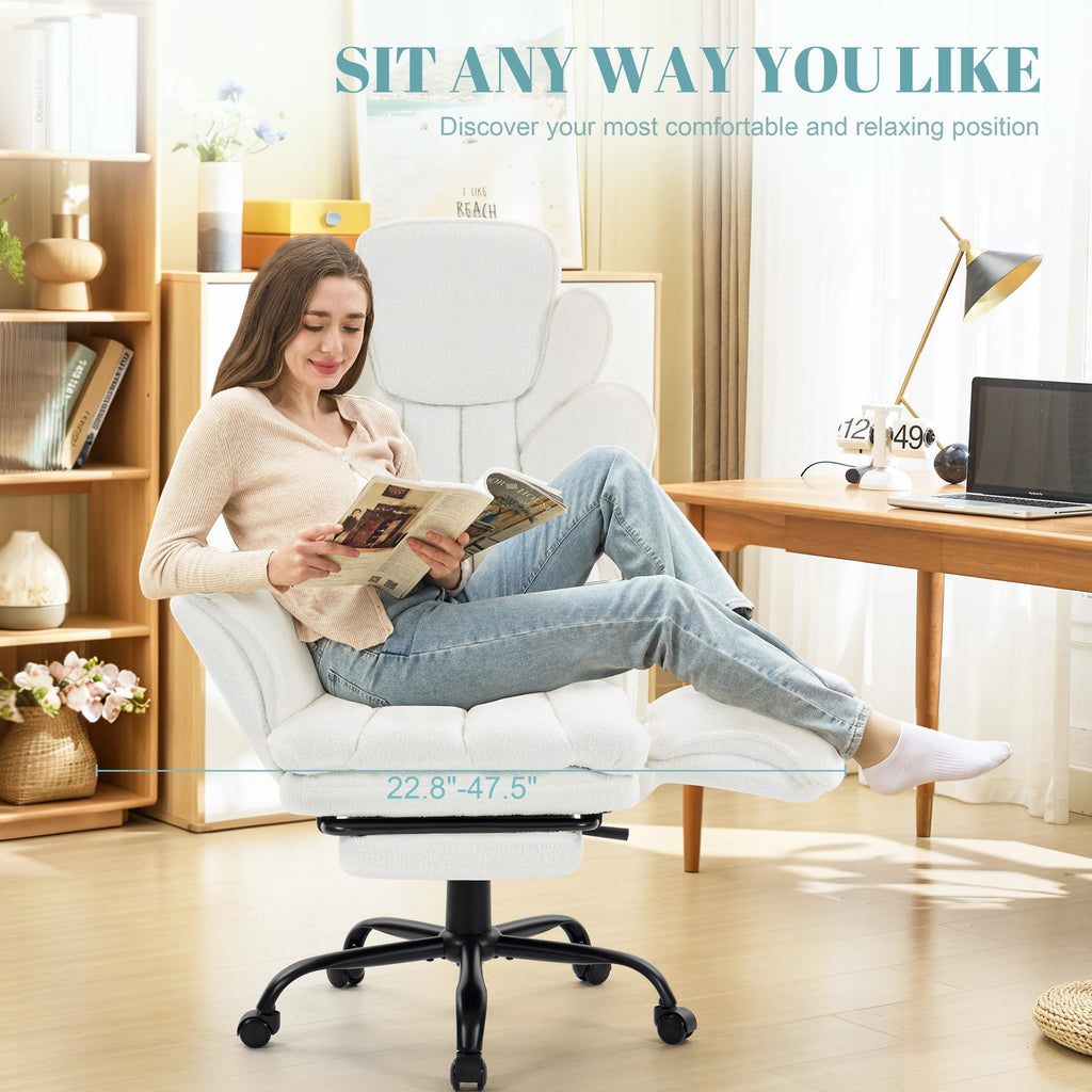 Flip Armrests Criss Cross Office Chair, Reclining Office Chair with Foot Rest, Adjustable Headrest, Massage Waist Pillow, Cross Legged Big and Tall Desk Chair Wide Seat Vanity Chair, Fabric White