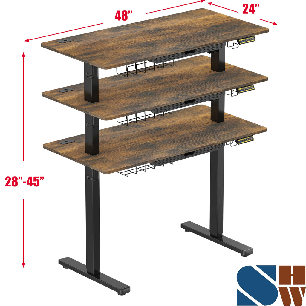 48-Inch Electric Height Adjustable Standing Desk with Drawer, Memory Preset and Cable Management Tray, Rustic Brown