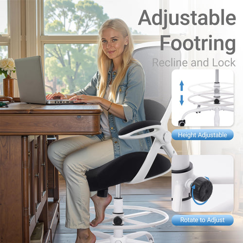 400lbs Heavy Duty Drafting Chair 5" Thickened Seat Office Chair with Flip-Up Armrests Tall Ergonomic Computer Chair with Lumbar Support and Adjustable Footrest Ring Standing Desk Chair (Black)