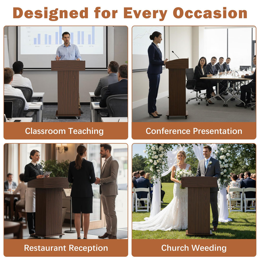 Podium Stand with Metal Wheels Wooden Lectern Podium Stand Portable Pulpit Standing with Storage Mobile Reception Podiums for Church Office School Conference Restaurant Meeting,Brown White
