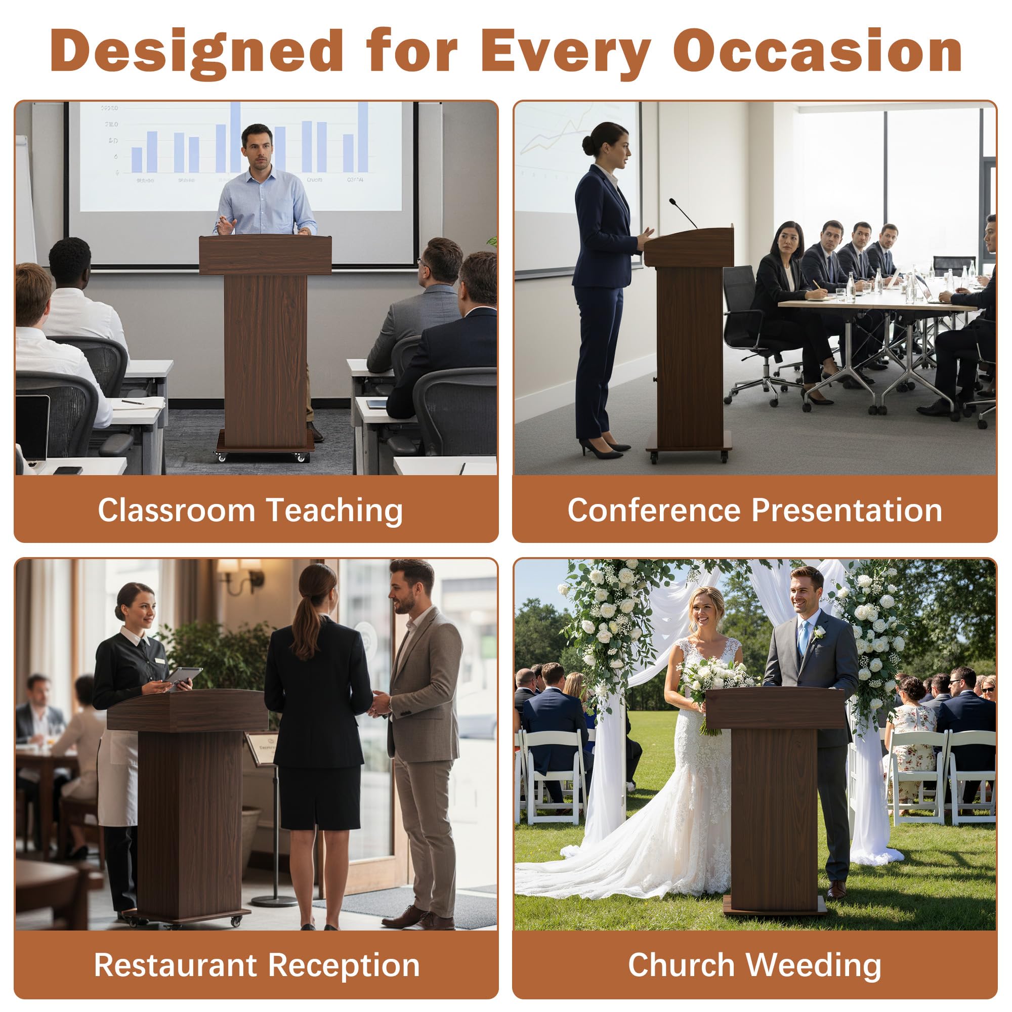 Podium Stand with Metal Wheels Wooden Lectern Podium Stand Portable Pulpit Standing with Storage Mobile Reception Podiums for Church Office School Conference Restaurant Meeting,Brown White