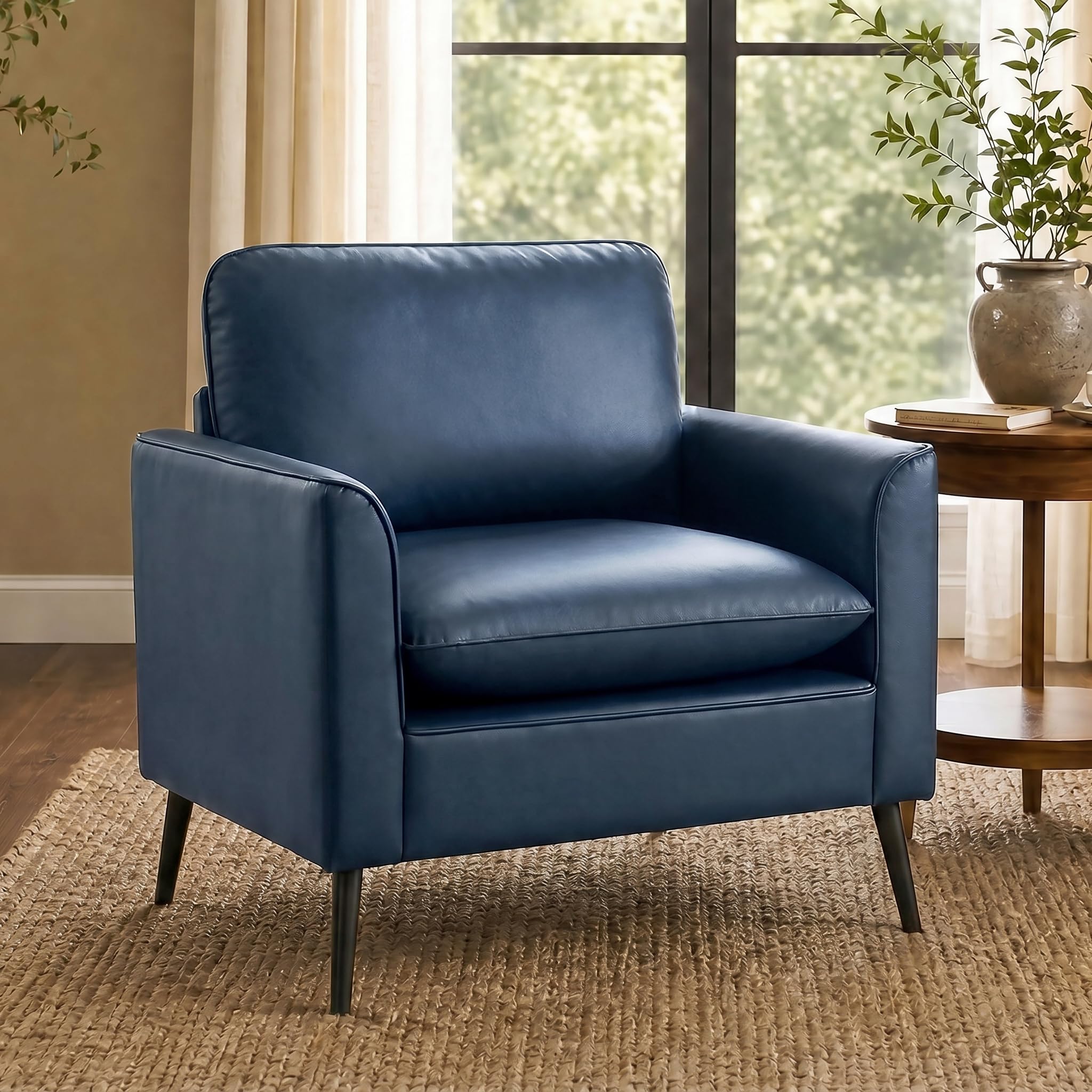 Leather Accent Chair, Mid-Century Modern Comfy Living Room Chairs, Cozy Office Reading Chair, Reception Armchairs for Bedroom, Office, Waiting Room (Blue)
