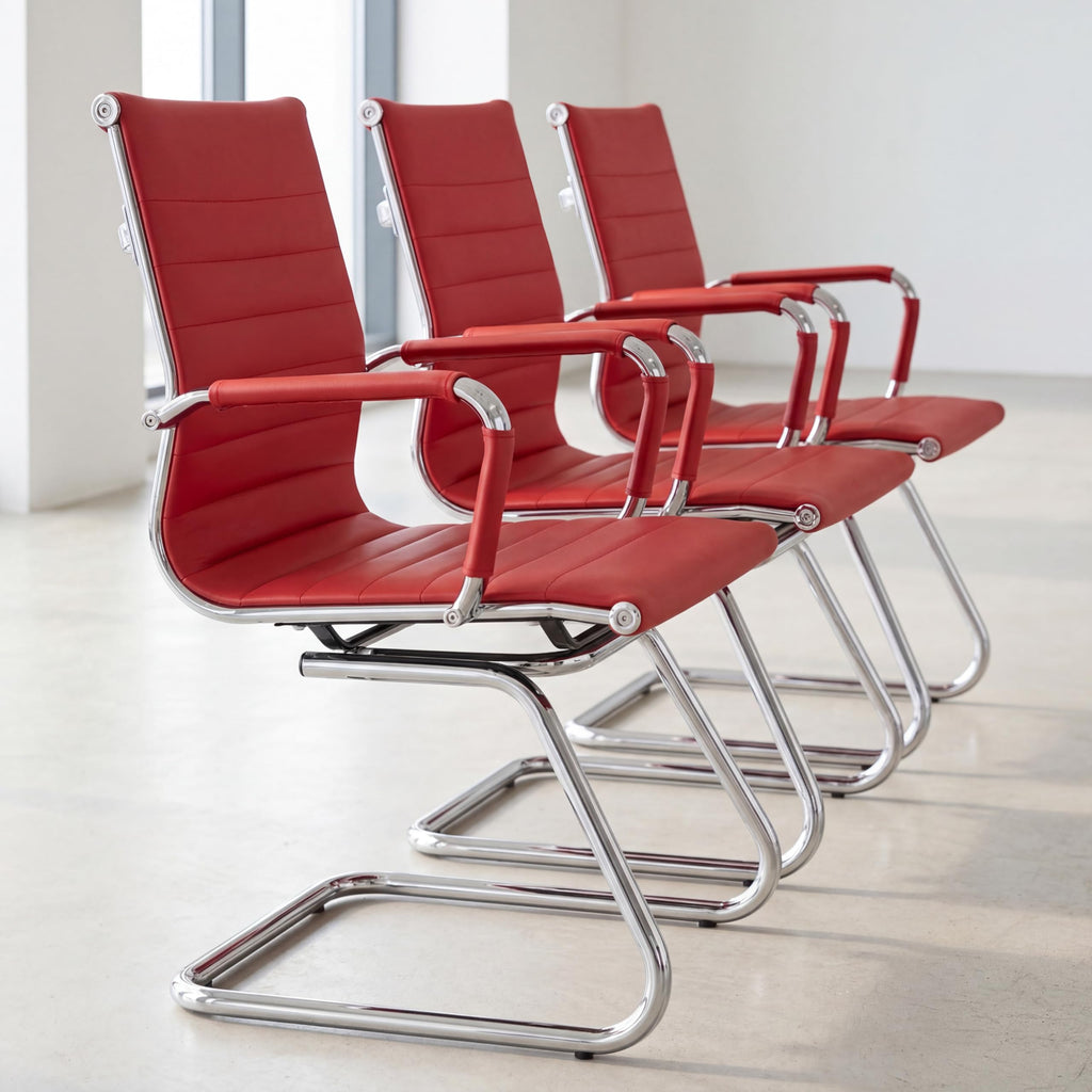 Office Desk Chair No Wheels Set of 6 PU Leather Computer Chairs Mid Back Guest Chairs for School Reception Conference Waiting Room, Deep Red