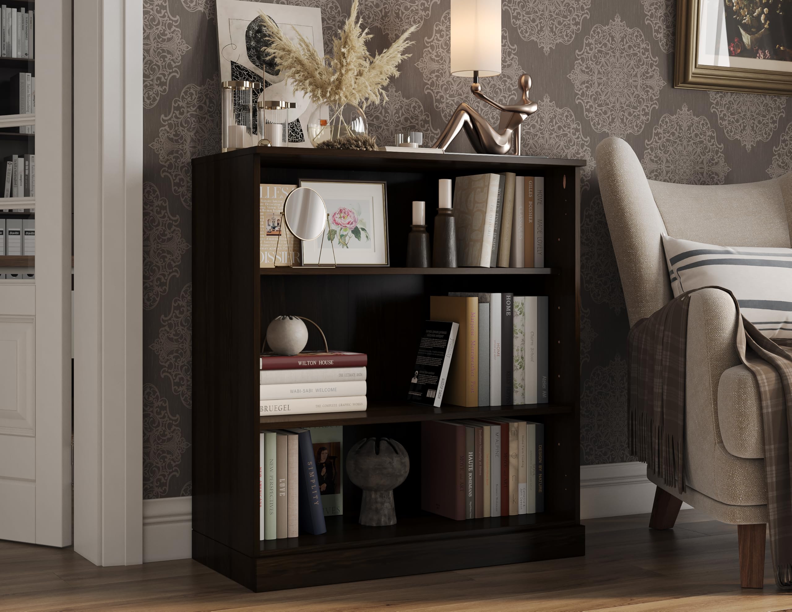 Solid Wood Bookshelf - 3 Shelf Bookcase - 36" Short Storage Cabinet 32” Wide - Espresso, Wooden Open Book Shelf w/Adjustable Shelves, 100% Eco-Friendly Wood, Modular Bookcase Units