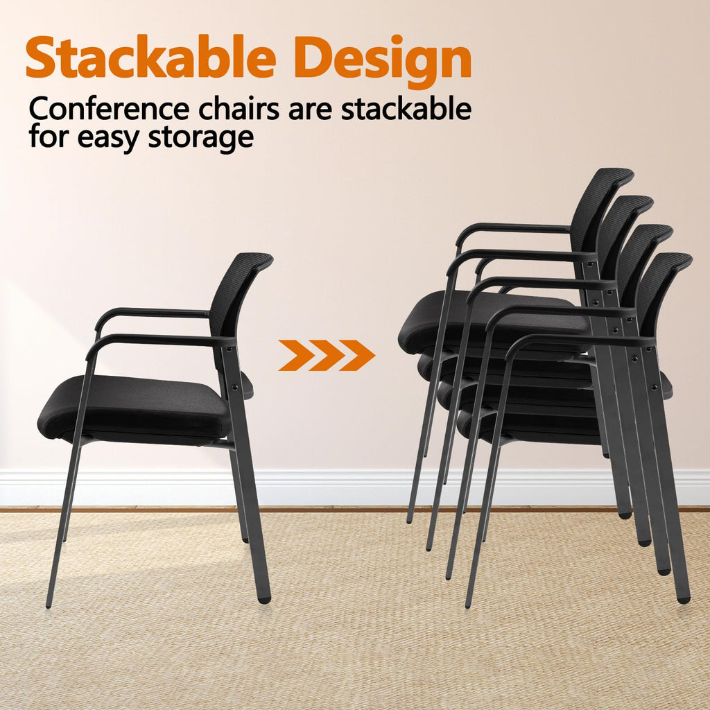Mesh Back Stacking Arm Chairs with Upholstered Fabric Seat and Ergonomic Lumber Support for Office School Church Guest Reception Black