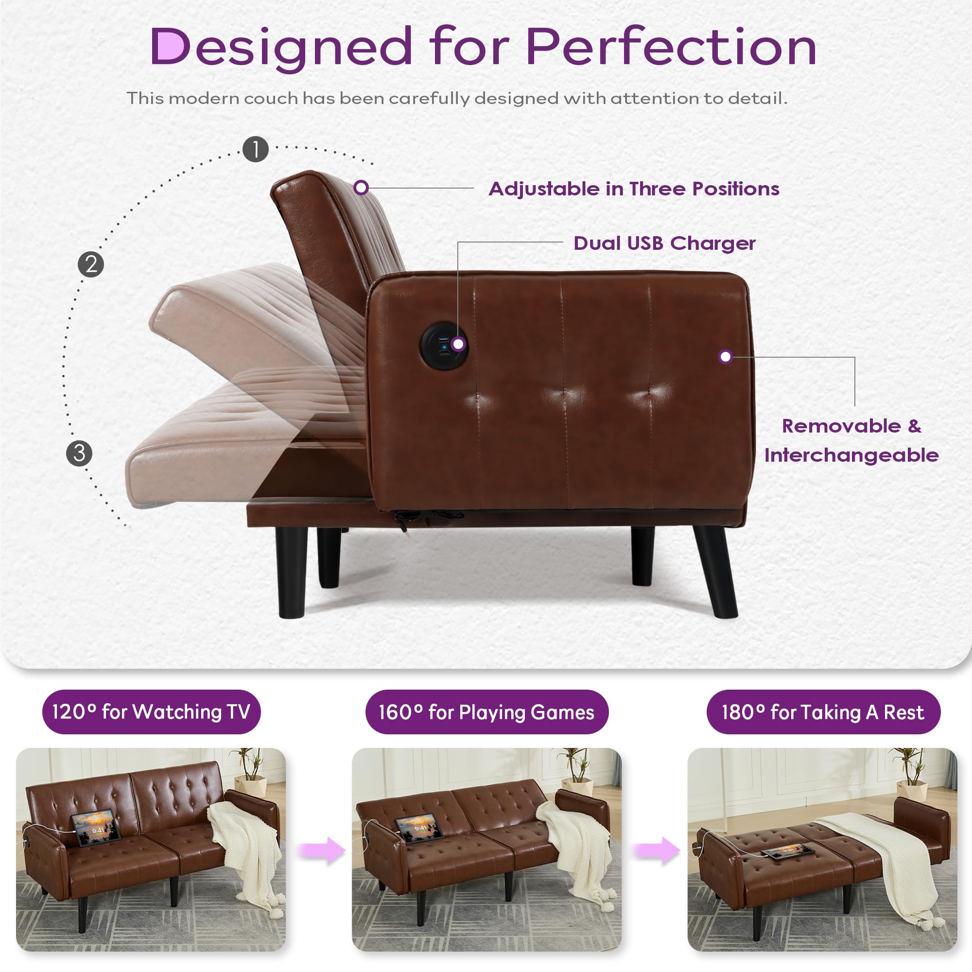 65“ Convertible Futon Sofa Bed w/ 2 USB,Tufted Small Adjustable Folding Couch Loveseat, Modern Mid Century Faux Leather Sleeper Sofa for Office, Living Room, Bedroom, Brown