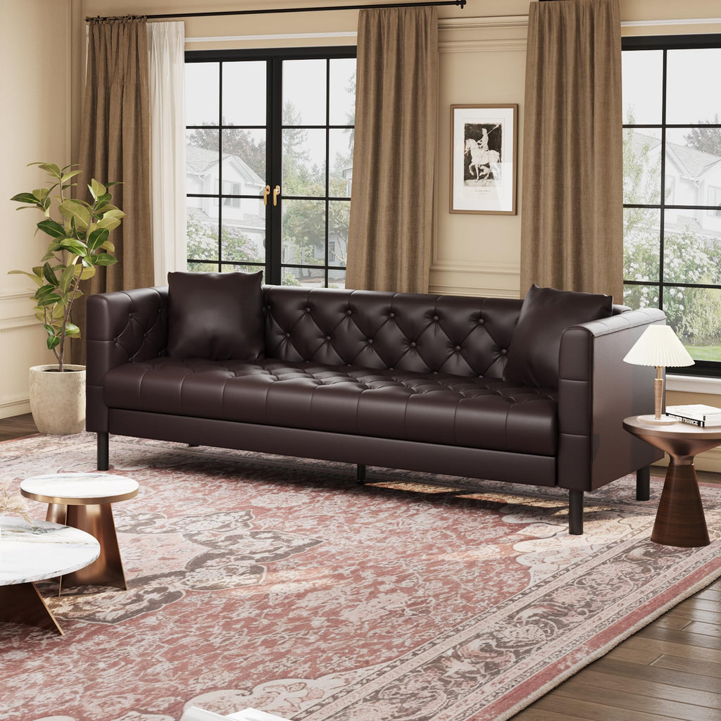 81 in Leather Couch, Modern Sofa Couch with Deep Seat and 2 Pillows, Handmade Button Tufted 3 Seater Sofa, Leather Sofa for Apartment, Office, Dark Brown