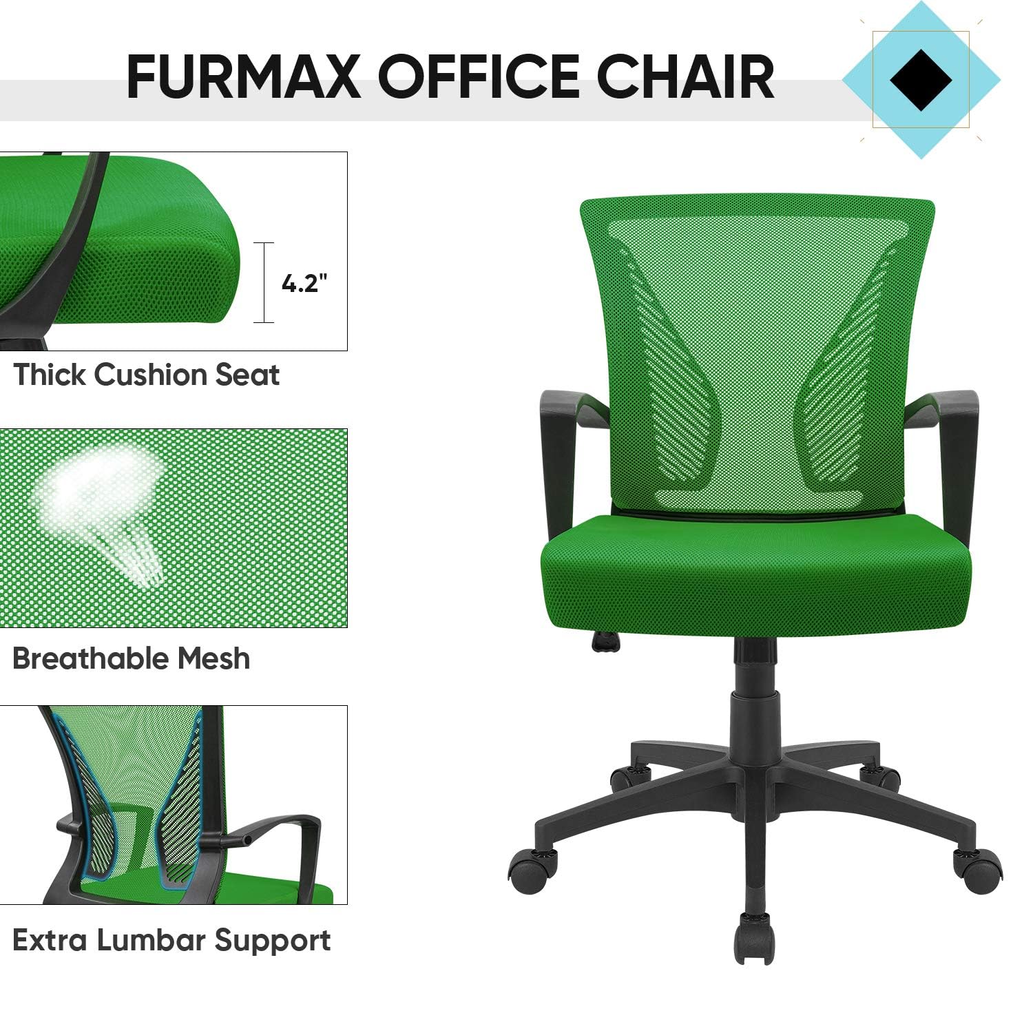 (2, Green) Office Chair Ergonomic Computer Desk Mesh Chair Mid Back Swivel Lumbar Support with Armrest