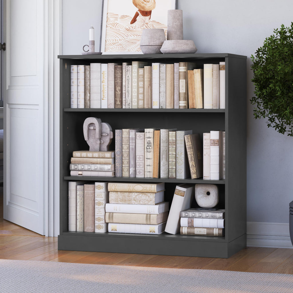 Solid Wood Bookcase - 3-Tier Floor Standing Bookshelf - 36" Short Storage Shelf 32” W - Gray, Display Furniture for Living Room, Renewable 100% Eco-Friendly Wood, Made in Brazil