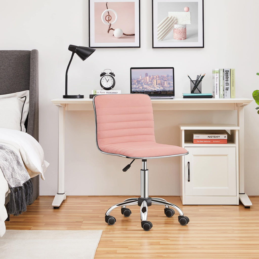 Velvet Low Back Armless Ribbed Vanity Chair Height Adjustable Swivel Task Office Chair, Apricot Pink