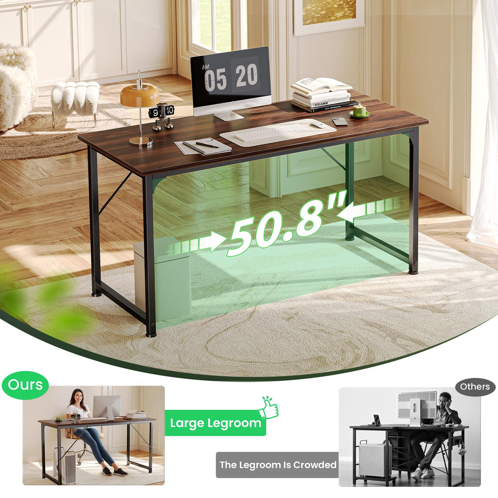 Computer Desk, 54 Inch Office Desk, Gaming Desk with Storage, Writing Desk Work Desk for Home Office, Study, Modern Simple Desk, Large Legroom, Metal Frame, Walnut