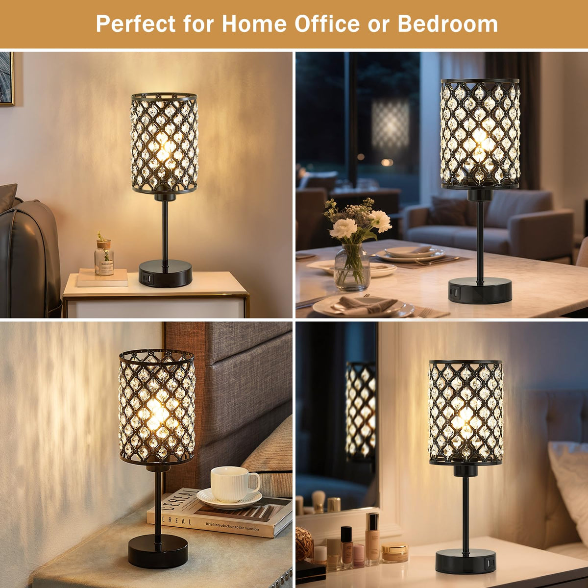 Black Crystal Bedside Table Lamps Set of 2 with USB C+A Ports