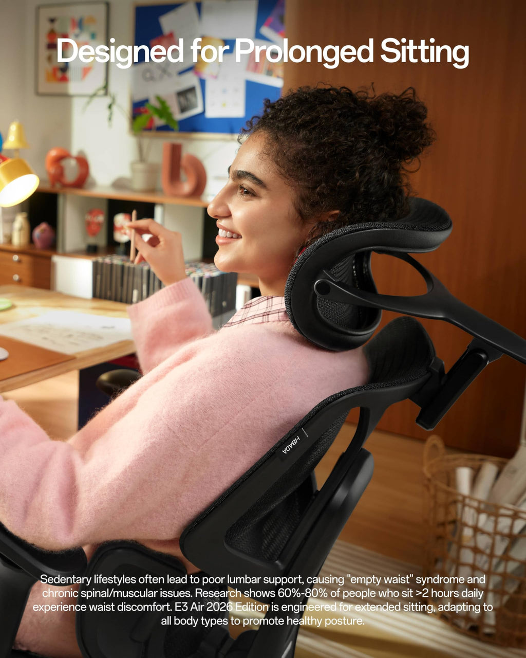 E3 Air 2026 Ergonomic Office Chair, 3-Zone Lumbar Support, Comfy Home Office Chair with Auto Recline, 4D Headrest & Armrests, 140° Tilt for Work & Relax, Black