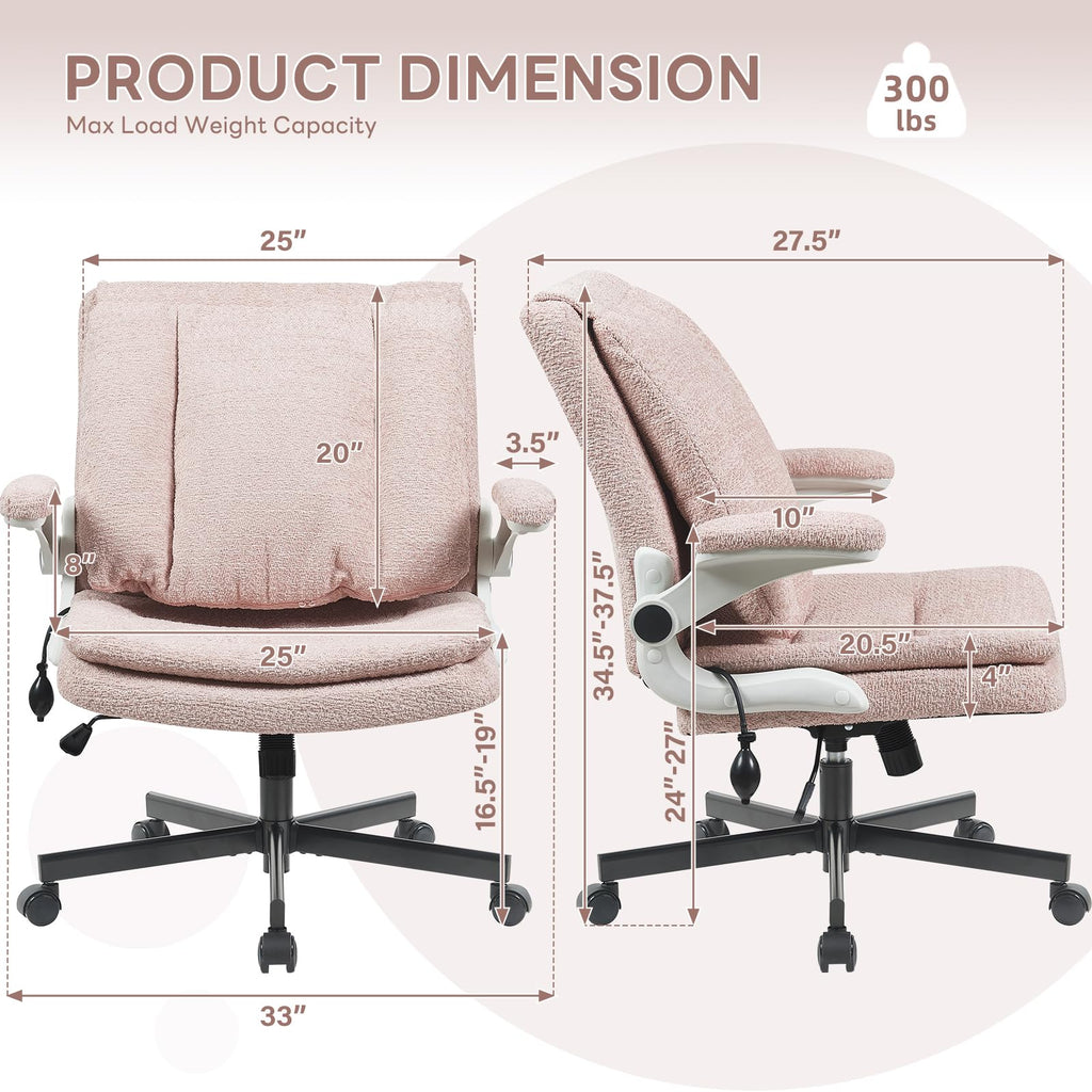 Criss Cross Office Chair with 2 in 1 Inflatable Flip-up Back, Ergonomic Wide Seat Desk Chair with Adjustable Arms and Wheels, Cross Legged Office Chair for Home & Office, Pink
