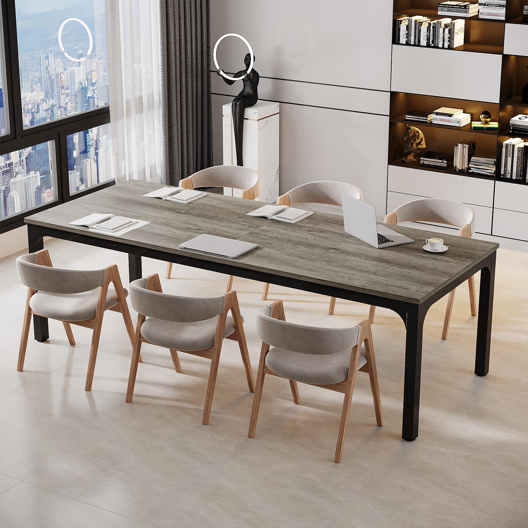 6.5 FT Conference Room Table, 78.74" W x 27.56" D Large Office Conference Table, Modern Seminar Meeting Table Desk for Boardroom, Meeting Room (2, Gray and Black)