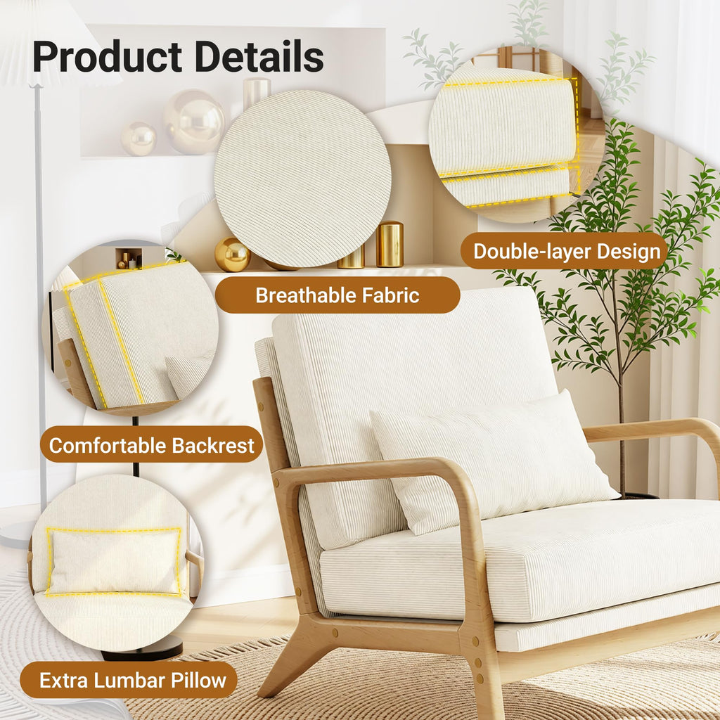 Mid-Century Modern Accent Chair, Armchair with Solid Wood Frame & Lumbar Pillow, Comfy Upholstered Lounge Chair for Office, Bedroom, Corduroy, Beige