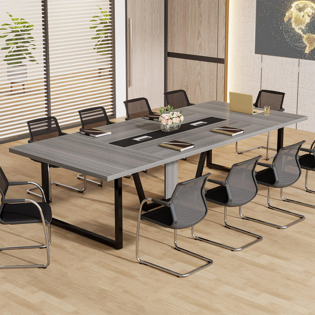 8FT Conference Table, 94.49 L x 47.24 W x 29.53 H Inches Large Meeting Podcast Table for 10 People, Business Style Wooden Training Table with Strong Metal Frame for Office Conference